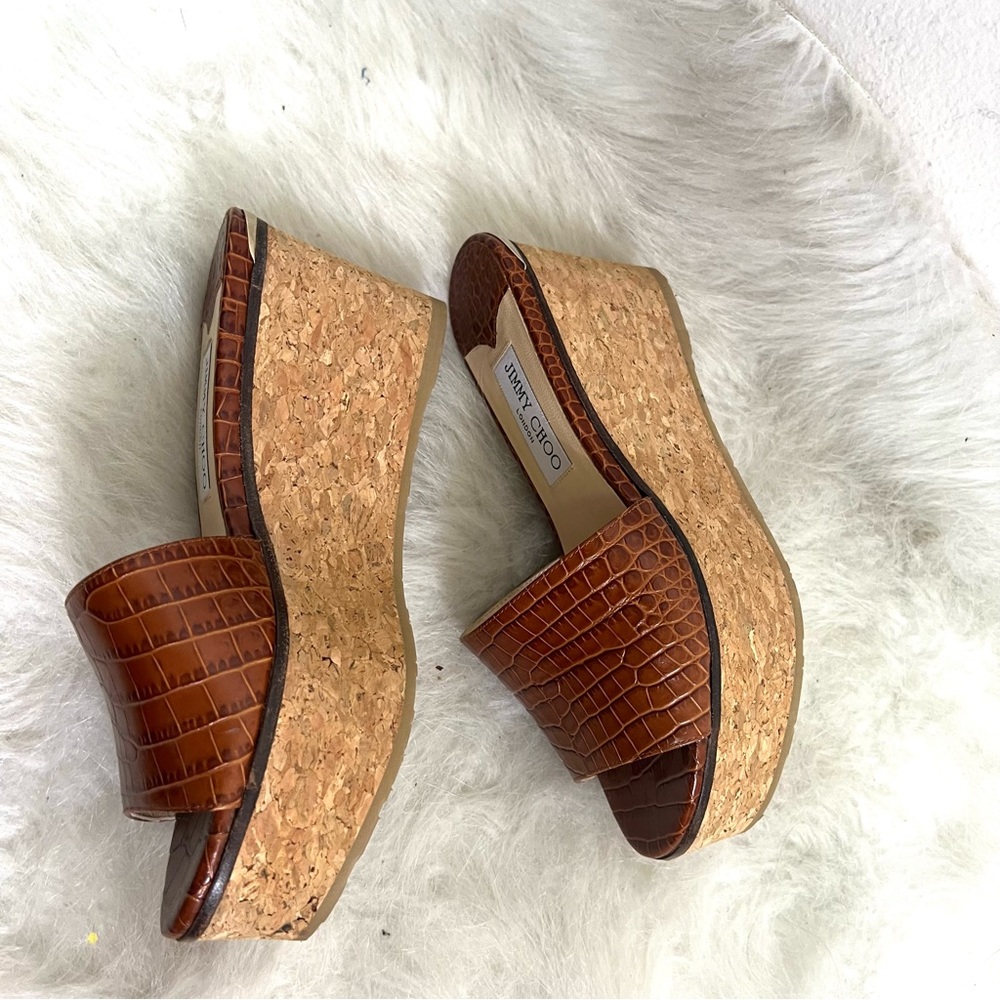 Jimmy Choo Dee Dee Croc Leather Cork Platform Sandals - Picture 9 of 15